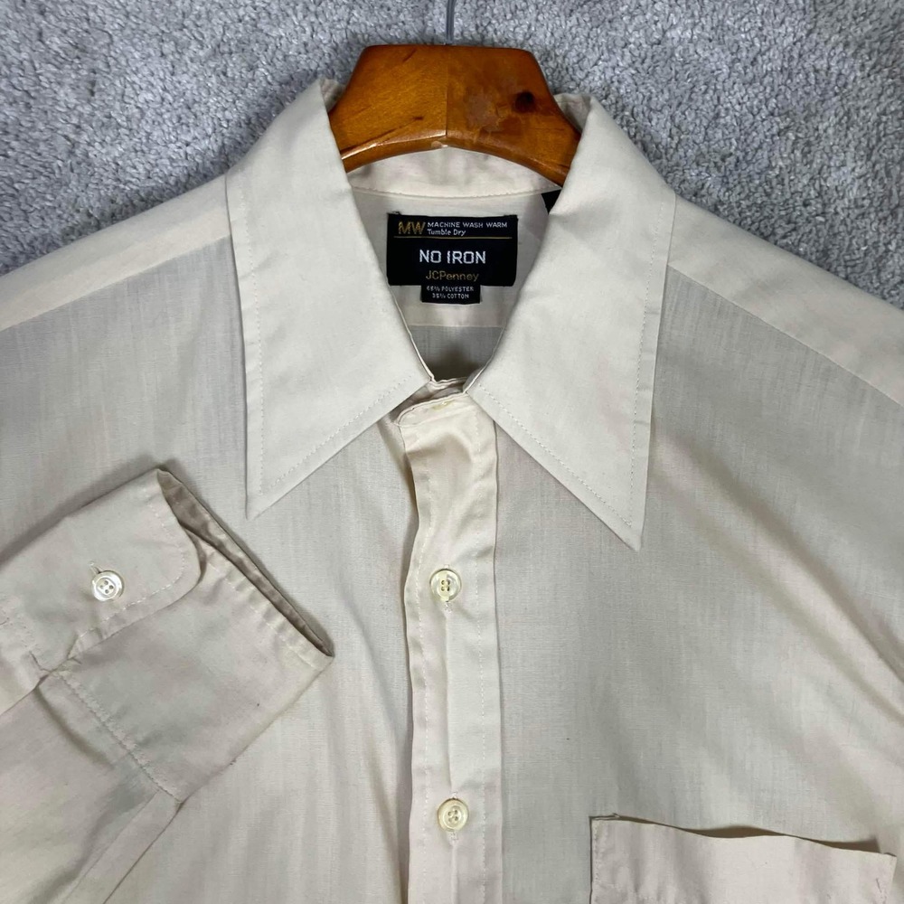 Vintage 70s JCPenney No Iron Mens 16-33 Shirt Cream Long Sleeve Button Down Thin